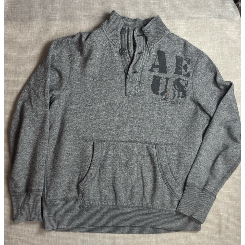 American Eagle Vintage Fit Sweater Men's Medium Grey With Gray And Blue Logo